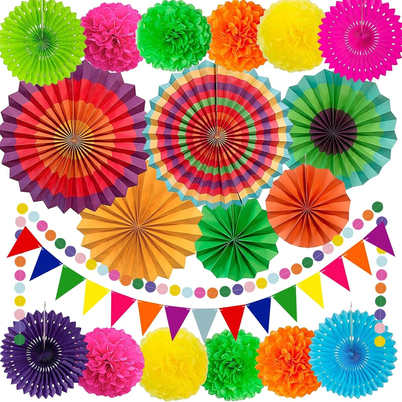 Cinco De Mayo Fiesta Party Decorations - Multi-Color Hanging Paper Fan, Tissue Paper Pom Poms, Circle Dots Garland, Triangle Pennant for Mexican Birthday Decorations